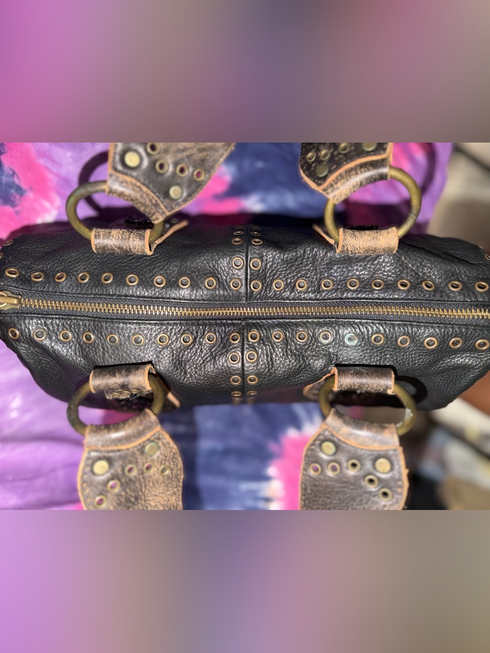 Vintage Betsey Johnson Black Studded Leather Satchel Handbag - Picture 6 of 7